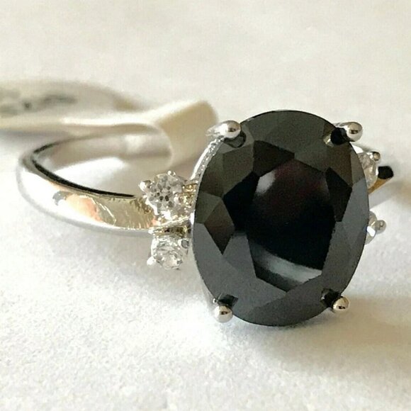 Black Cubic Zirconia Cocktail Ring Size 9 11 Silver RhodiumPlated Simulated Onyx - Picture 3 of 11